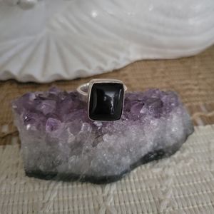 Black onyx sterling silver ring sz 7 adjustable ish